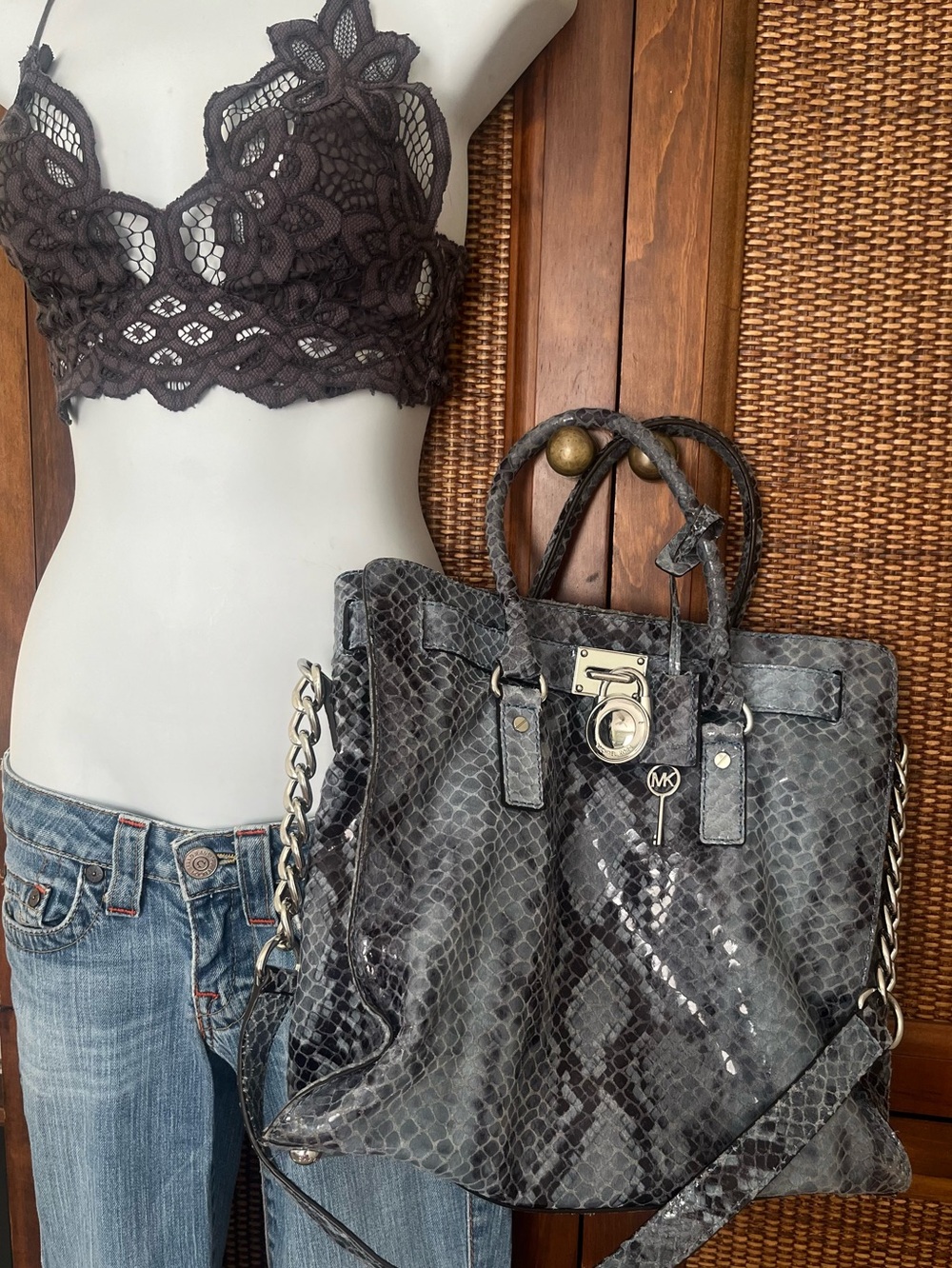 Michael Kors Hamilton vtg Python Snake Skin blue Shoulder Bag Large Y2K retro